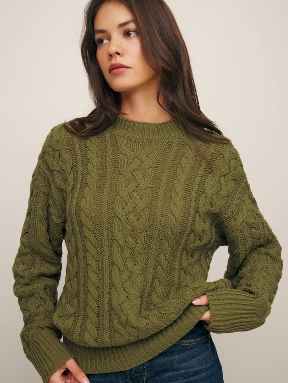 Reformation Sam Cotton Cashmere Oversized Olive Cable Knit Crew Sweater
